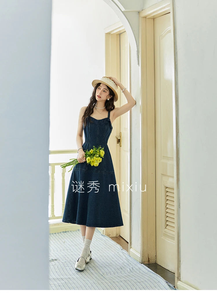 Mishow Denim Camisole Hollowed Out Lace Edge Dress MXE13L2094