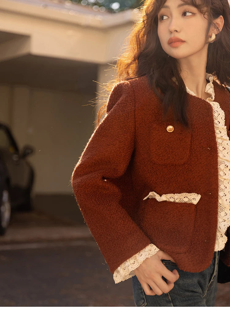 MISHOW Wool Coat Lace Splicing Lamb Wool Button Pockets MXB43W0720