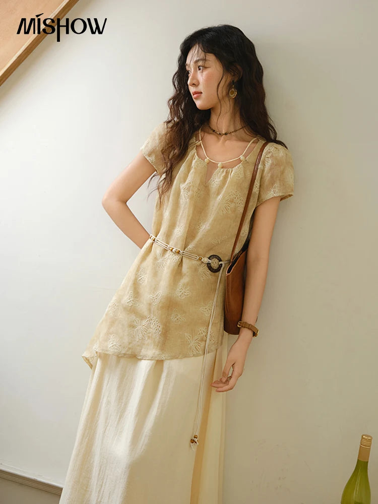 Mishow Butterfly Embroidery Splicing Belt Dress MXE36L2250