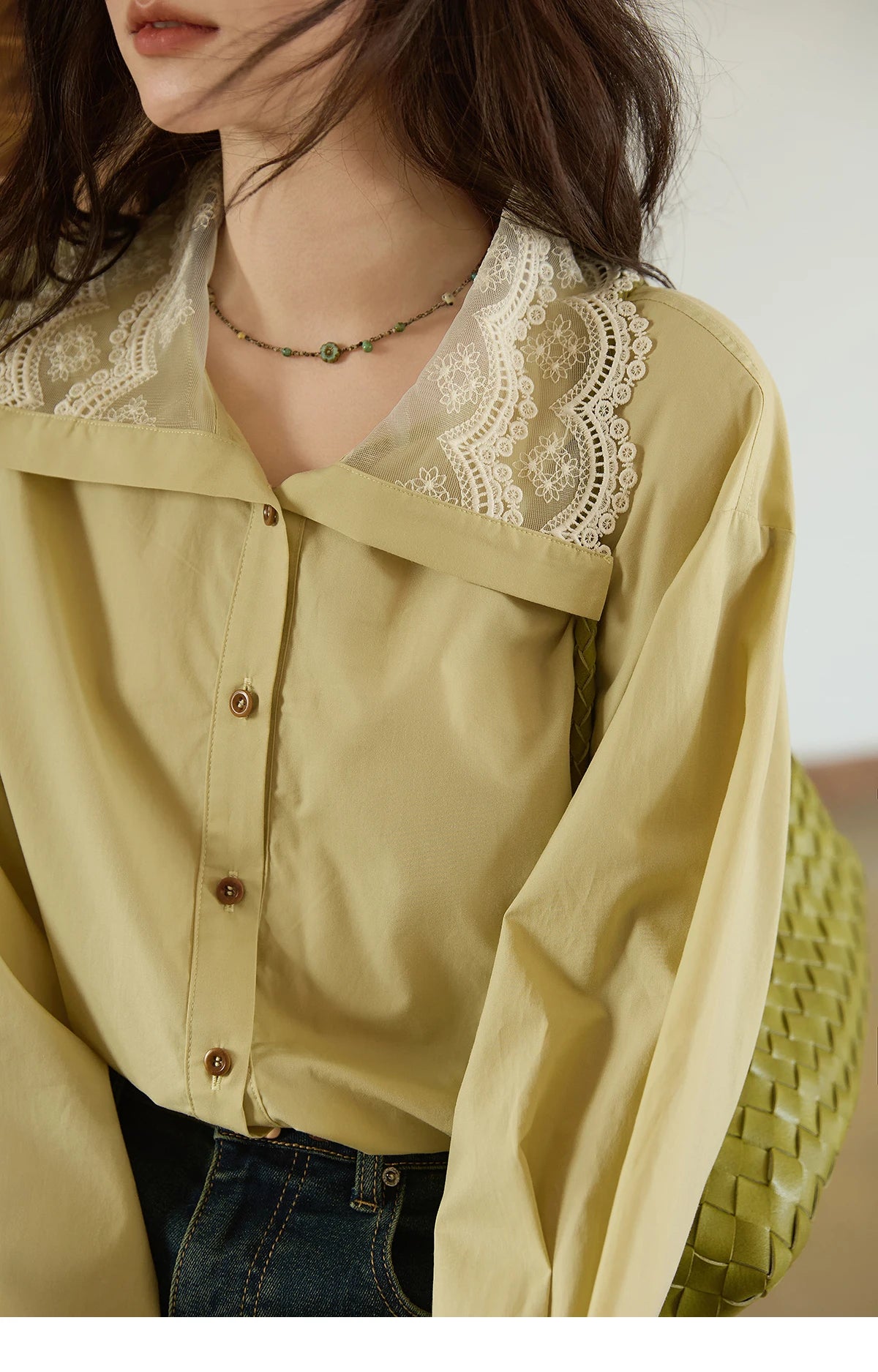 MISHOW Solid Cotton Shirt V-Neck Double Layer Lace MXE41C2366