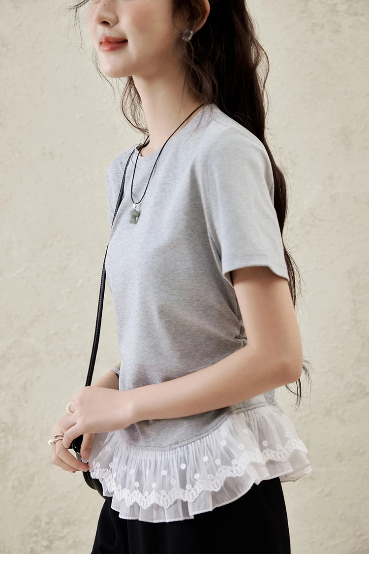 Mishow Lace Hem Splicing Round Neck Tee MXE31T0528