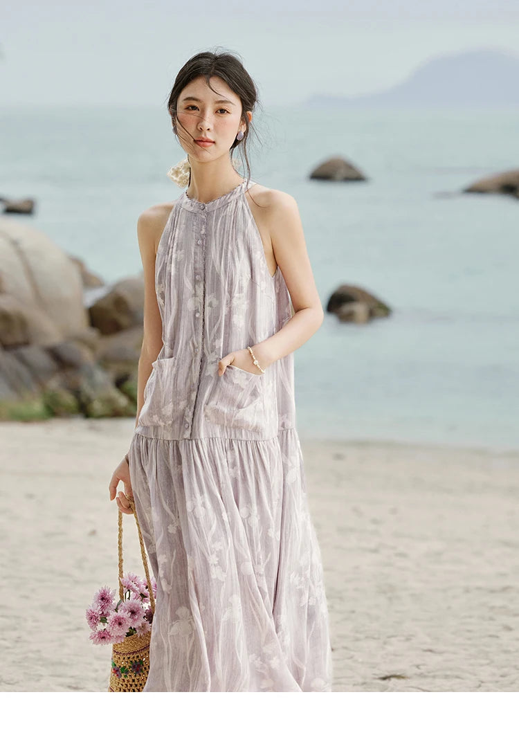 Mishow Purple Print Chiffon Stand Collar Dress MXE32L2163