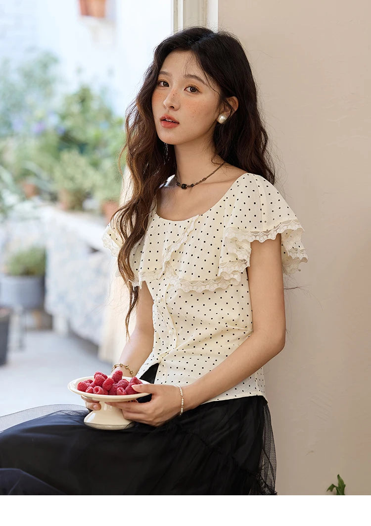 MISHOW Apricot Polka Dot Shirt Ruffle Edge Patchwork Lace MXE34X1783