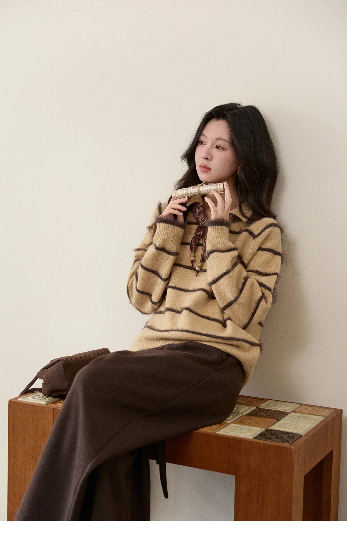 Mishow Faux Mink Fur Striped Lapel Tassel Sweater MXE93Z2945