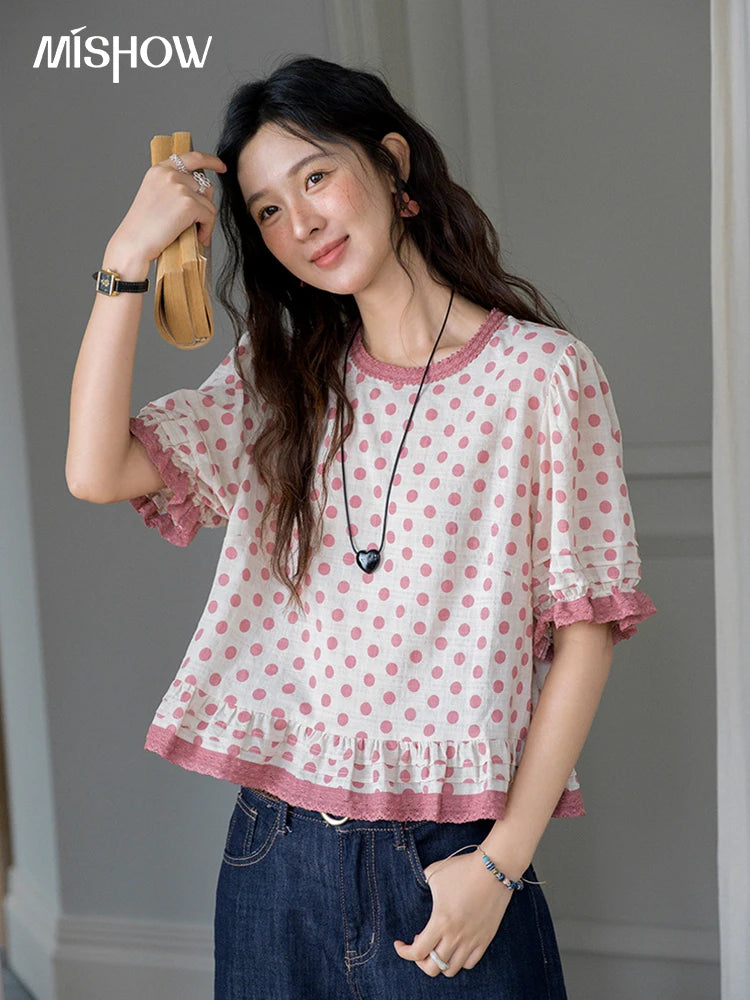 MISHOW Pink Polka Dot Puff Sleeve Blouse MXE37X1900