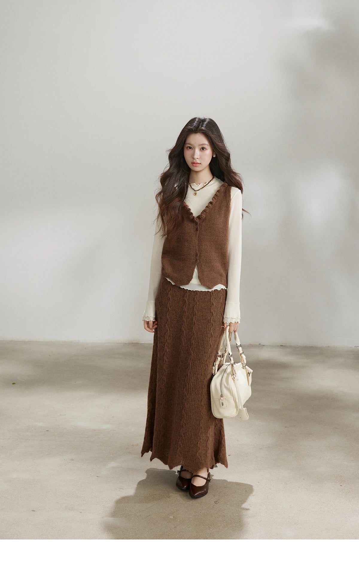 Mishow Brown Knitted Vest & Cable Knit Maxi Skirt Set MXF11T1460
