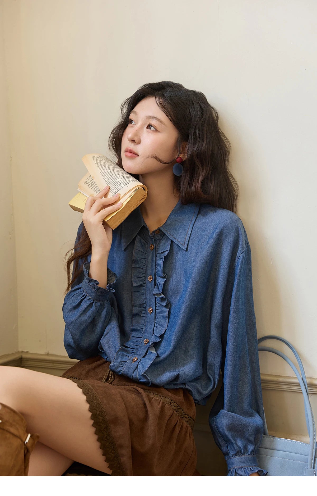 MISHOW Blue Lyocell Denim Shirt Ruffled Placket Waist Cinc MXE43C2386