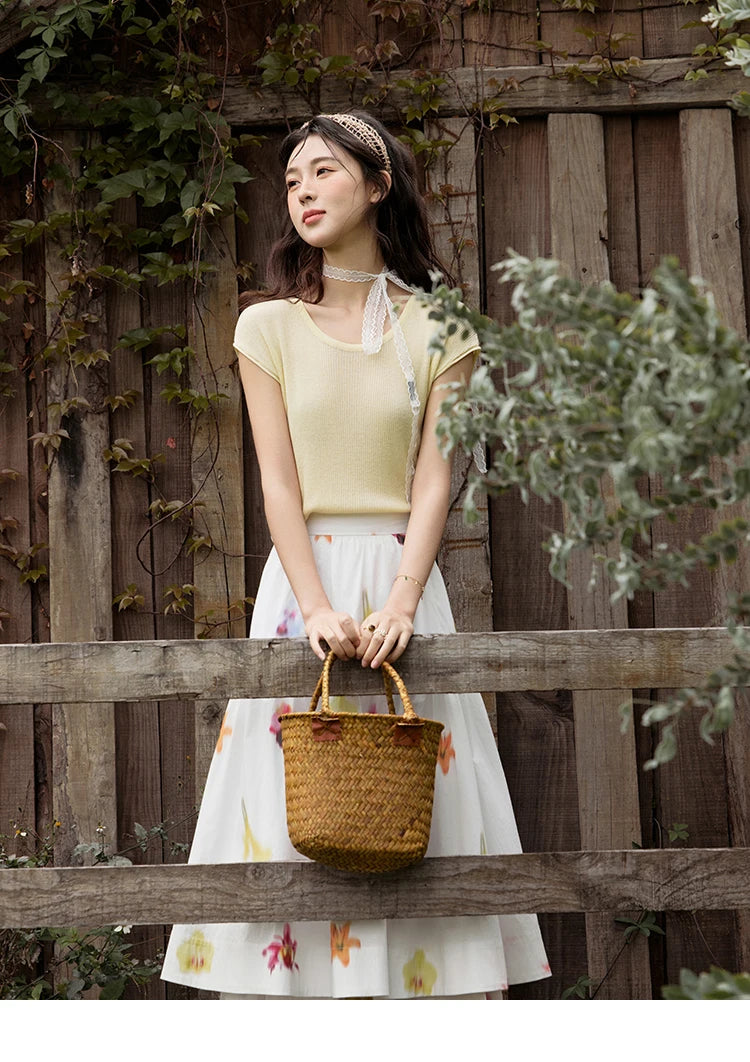 MISHOW White Background Flower Cotton Skirt High Waist A-LINE MXE32B0720