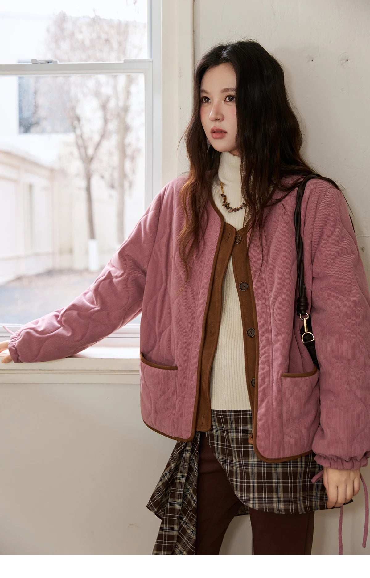 MISHOW Pink Purple Corduroy Jacket Gourd Pattern Splicing Suede MXE88W0882