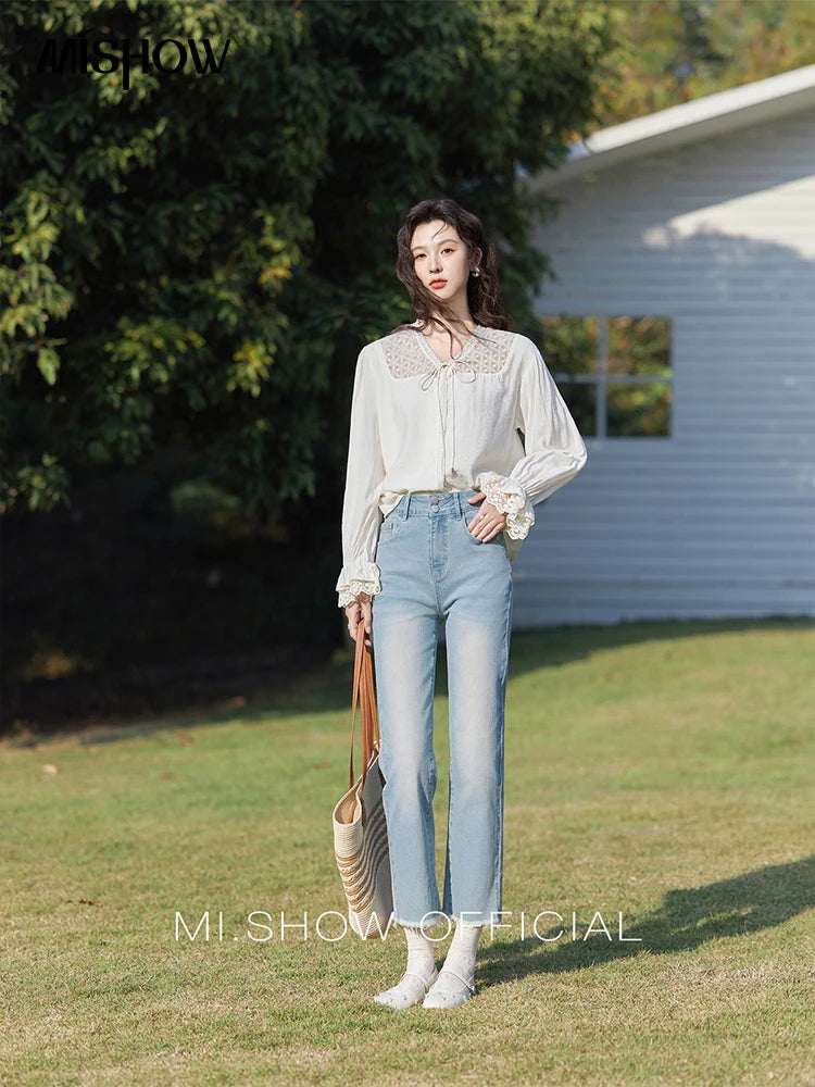 MISHOW Lace Patchwork Shirt V-Neck Fungus Edge Petal Sleeve MXE13X1713