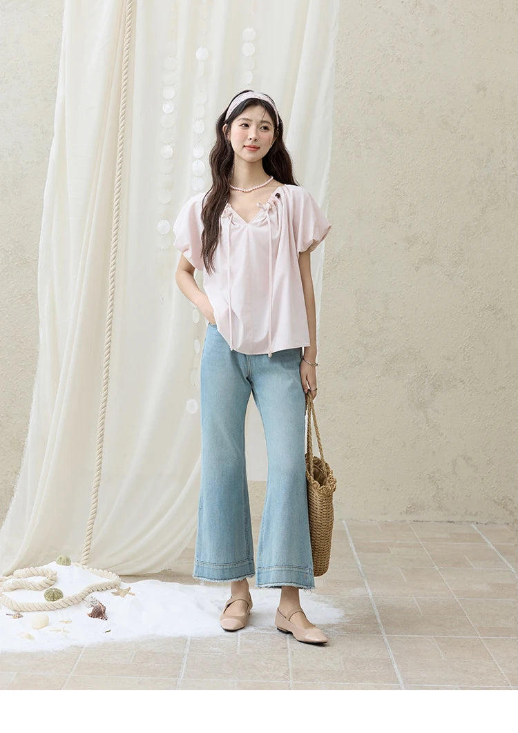 MISHOW V-Neck Puff Sleeve Blouse Beaded Retro Top MXE33X1757