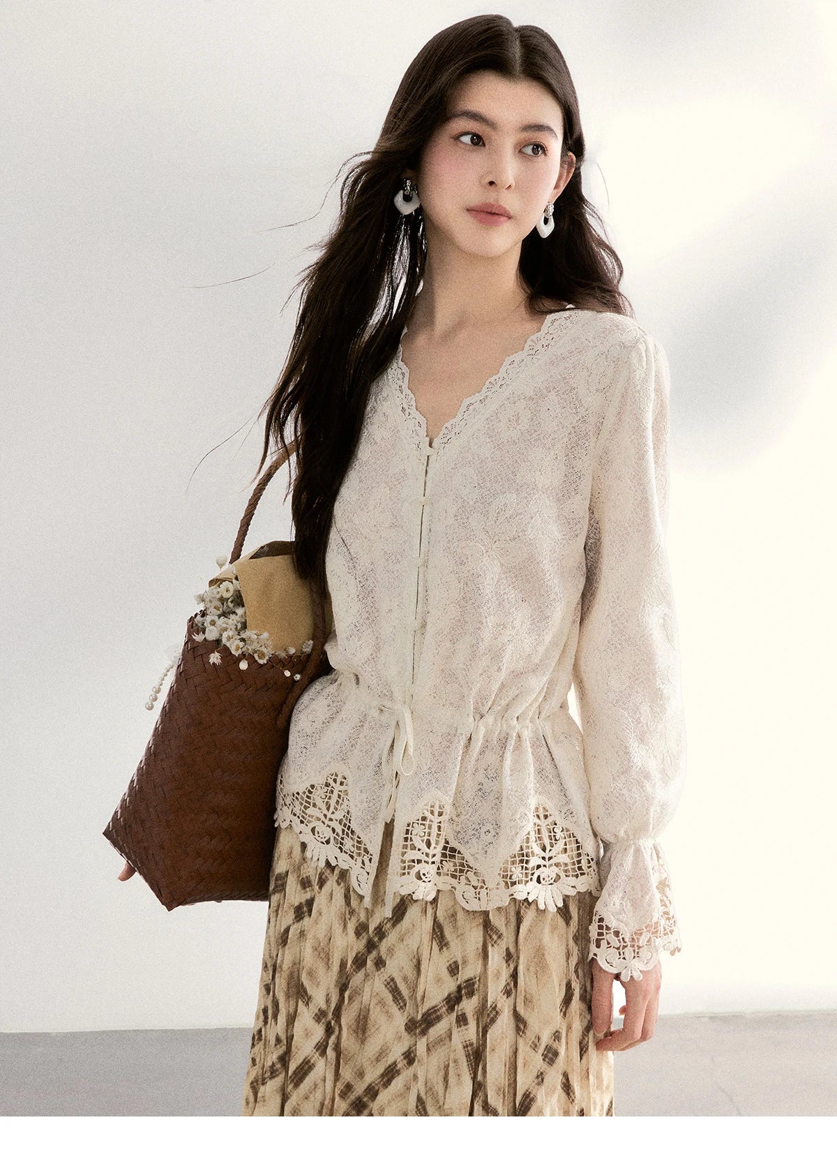 MISHOW Lace V-Neck Blouse Drawstring Waist Ruffled Hem MXF108X0998