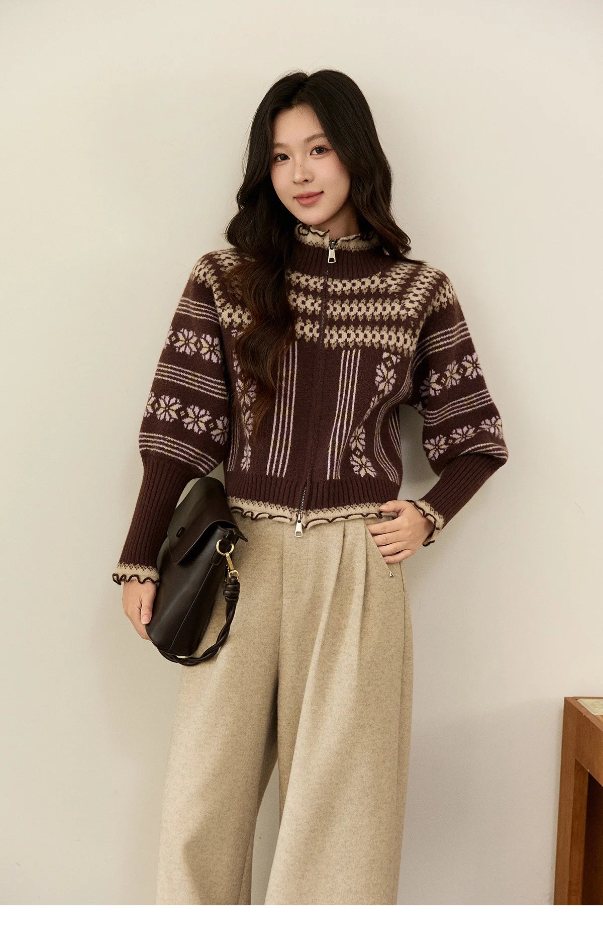 Mishow Brown Fair Isle Lantern Sleeve Zipper Top MXE91Z2868
