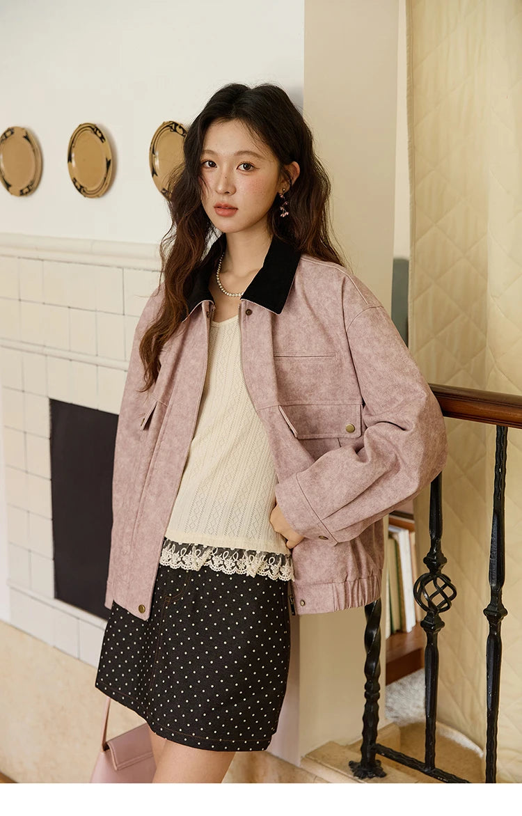 MISHOW Pink Purple Collision Lapel Jacket Suede Metal Zipper Elastic Hem MXE46W0865
