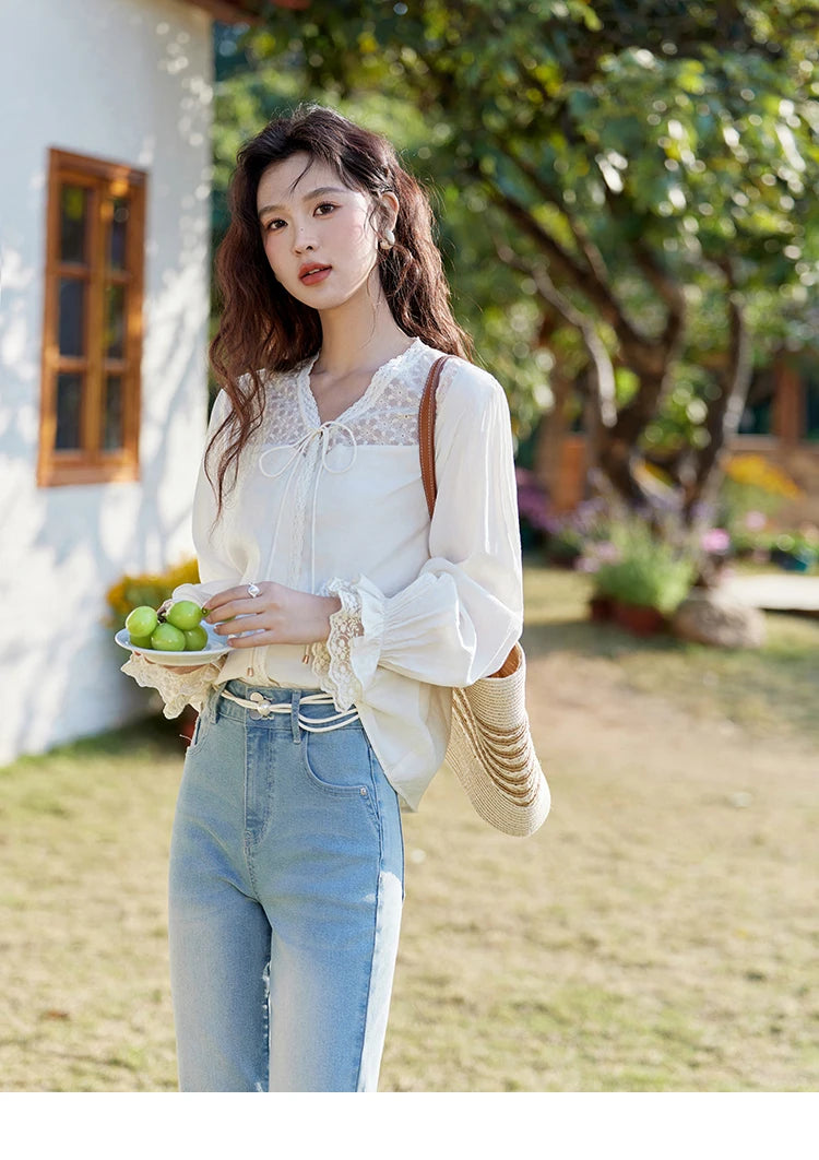 MISHOW Lace Patchwork Shirt V-Neck Fungus Edge Petal Sleeve MXE13X1713