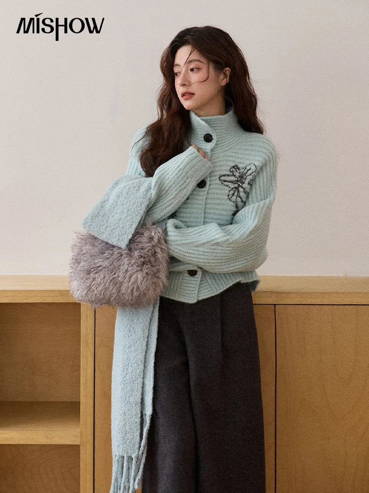 Mishow Blue Stand Collar Flower Jacquard Cardigan MXE86Z2665