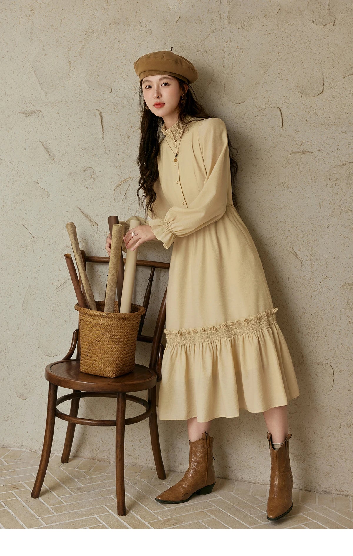 Mishow French Stand Neck Lotus Leaf Sleeve Dress MPD42L2036