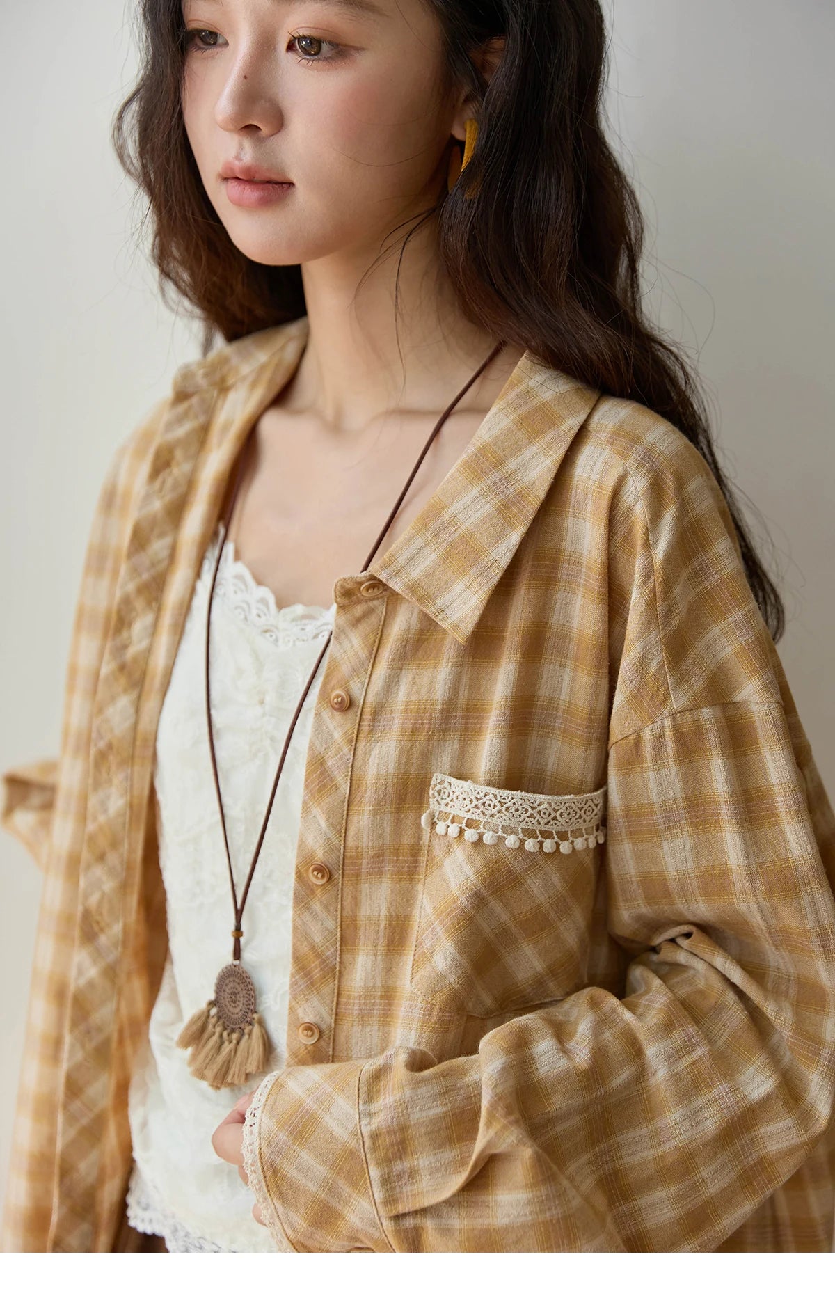 MISHOW Retro Plaid Shirt Lace Pocket Lapel Collar MXE43C2378