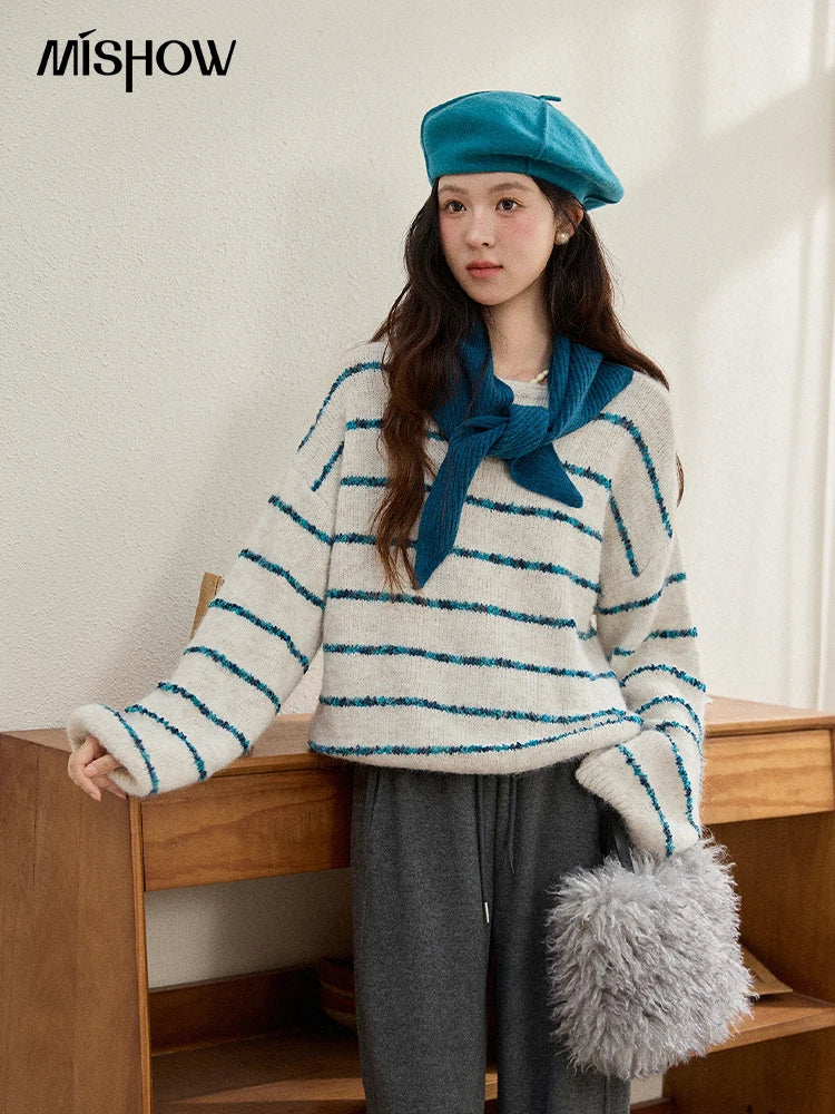 Mishow Blue Striped Alpaca Wool Sweater with Scarf Set MXE90Z2821