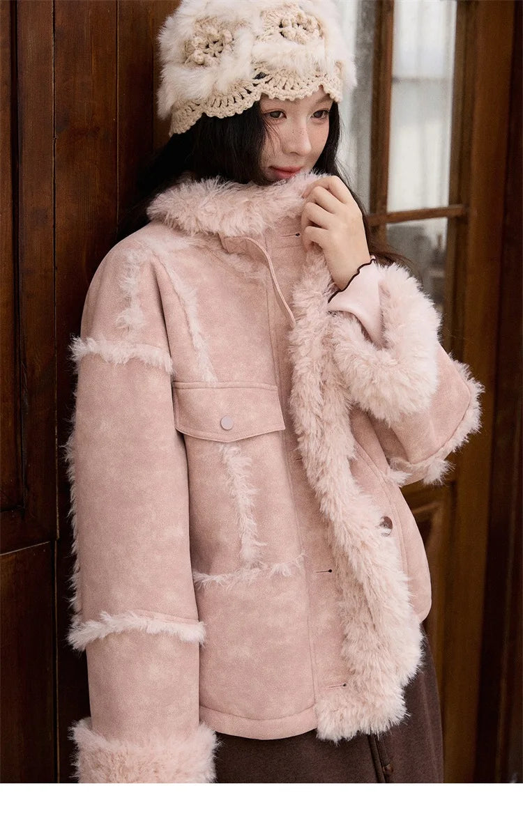 MISHOW Pink Plush Patchwork Coat Stand Collar Windproof MXE51W0911