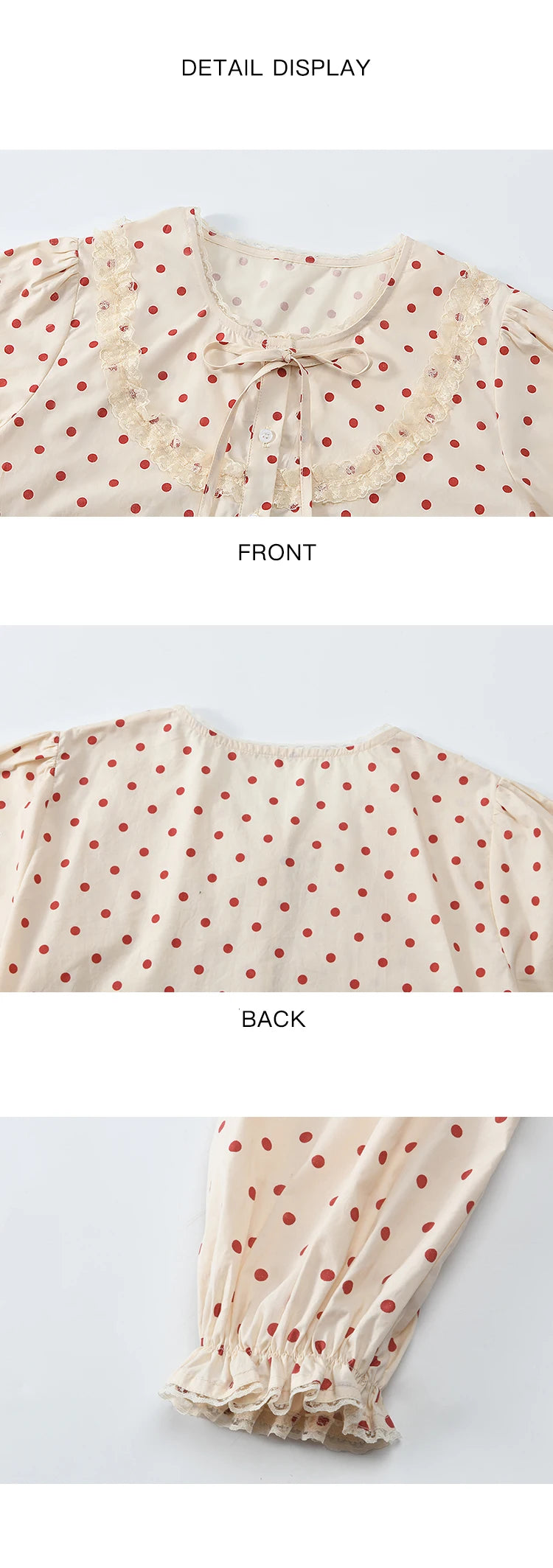 MISHOW Lace Up Polka Dot Round Neck Lace Shirt Elastic Petal Cuffs MXD44X1667