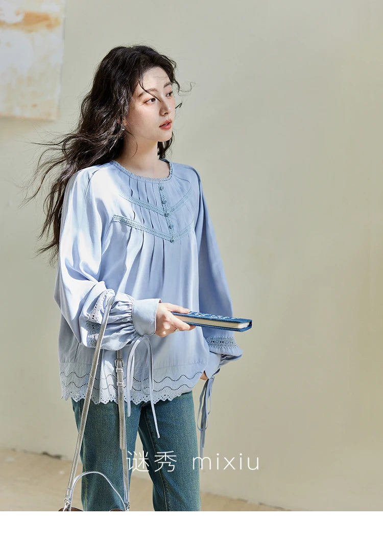 MISHOW Blue Lace Patchwork Shirt Wave Edge Lantern Sleeve MXE14X1716