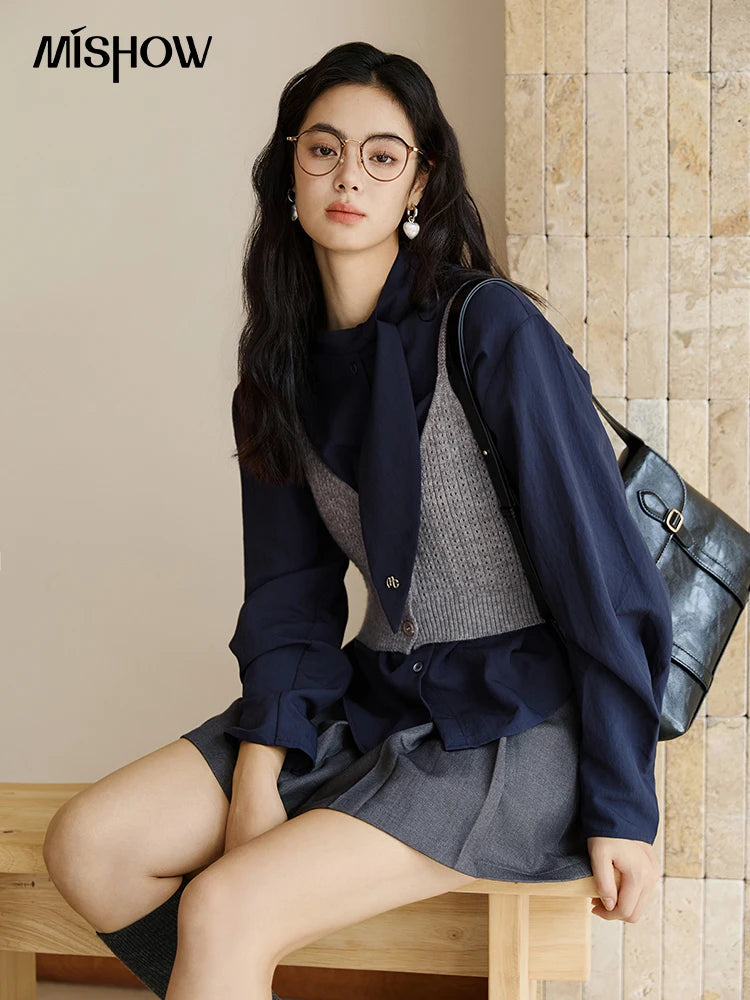 MISHOW Navy Ribbon Layered Shirt Knit Camisole Two-Piece Set MXE47T1412