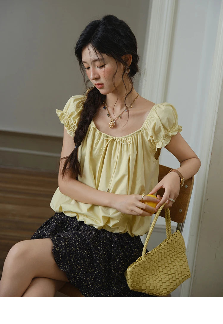 MISHOW Cotton Blouse Puff Sleeve Lace Up O-Neck MXE37X1893