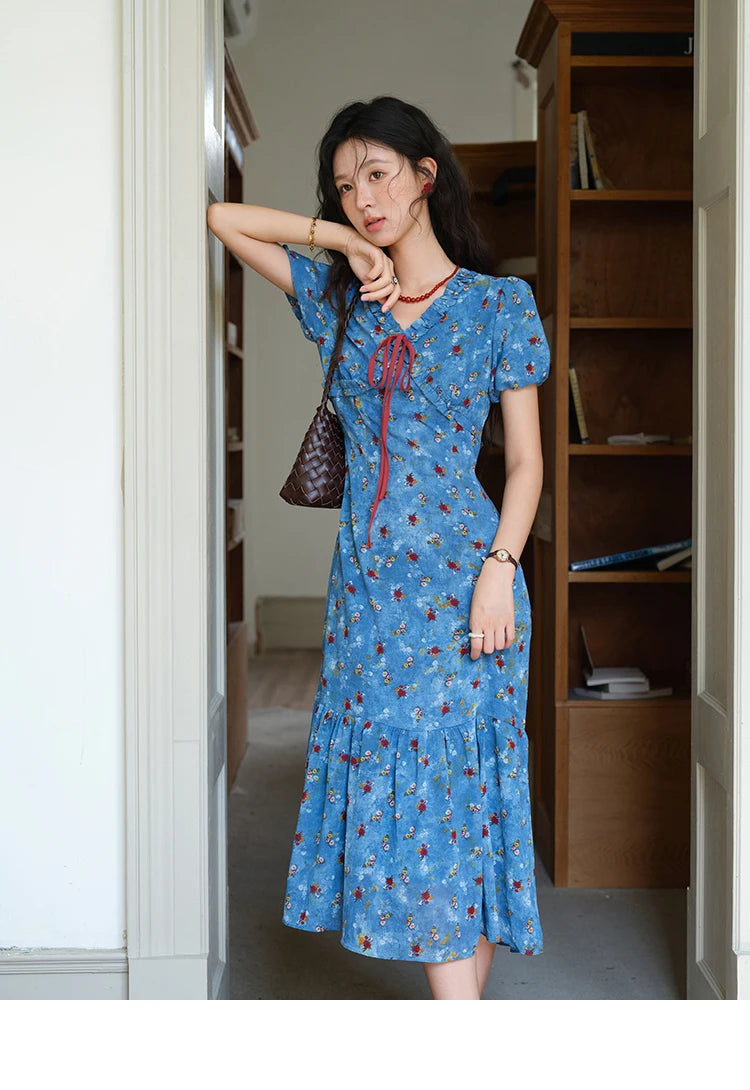 Mishow V-Neck Lace-Up Puff Sleeve Chiffon Dress MXE39L2401