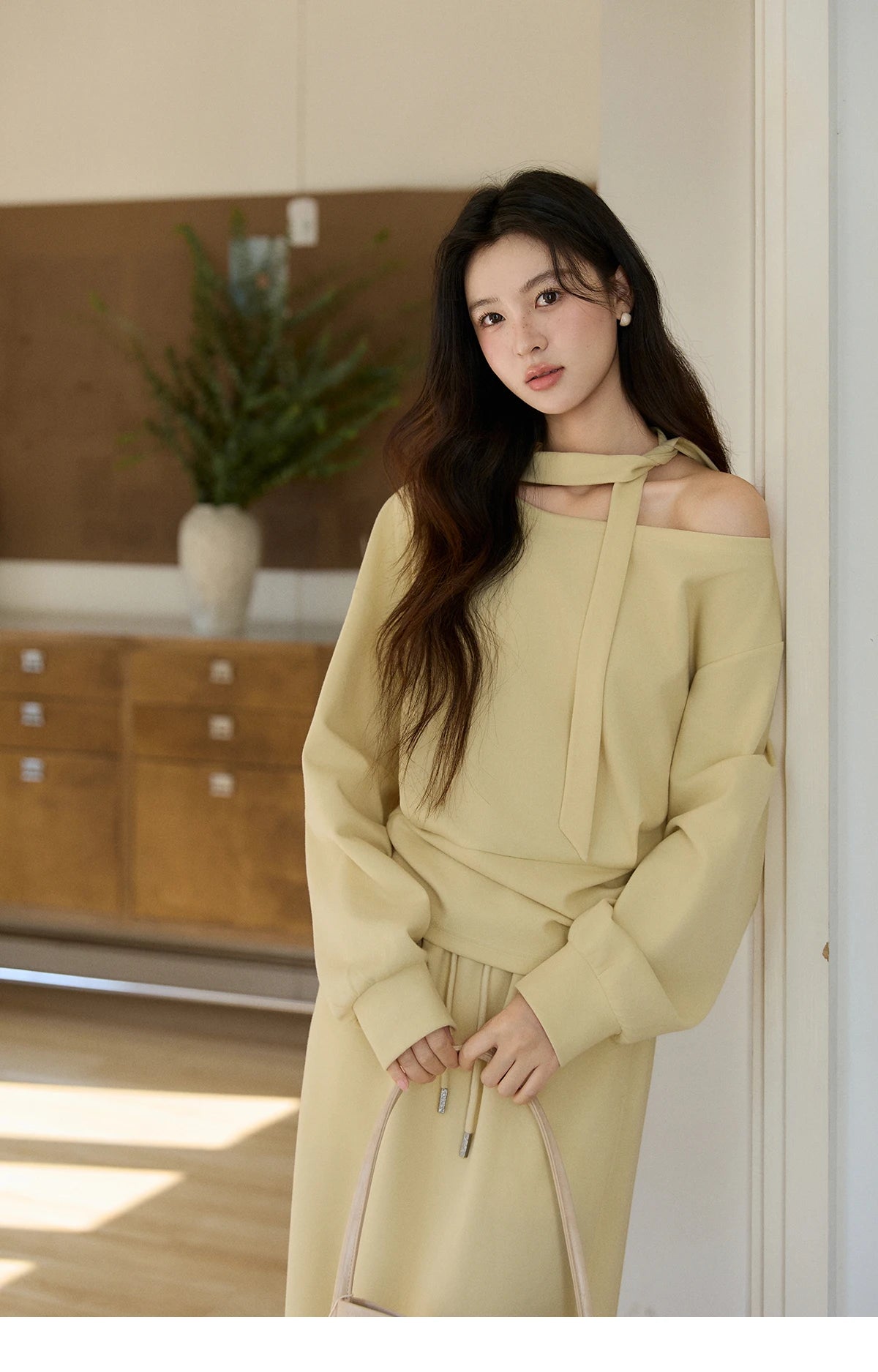 Mishow Light Yellow Off-Shoulder Top & Rear Fork Midi Skirt Set MXE11T1489