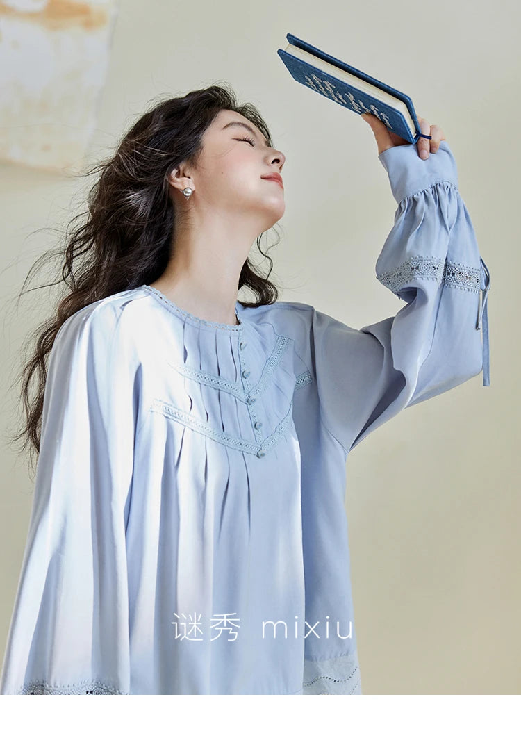 MISHOW Blue Lace Patchwork Shirt Wave Edge Lantern Sleeve MXE14X1716