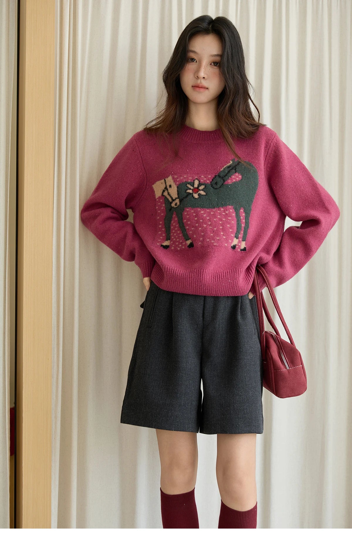 Mishow Red Pony Jacquard Round Neck Pullover MXE48Z2622