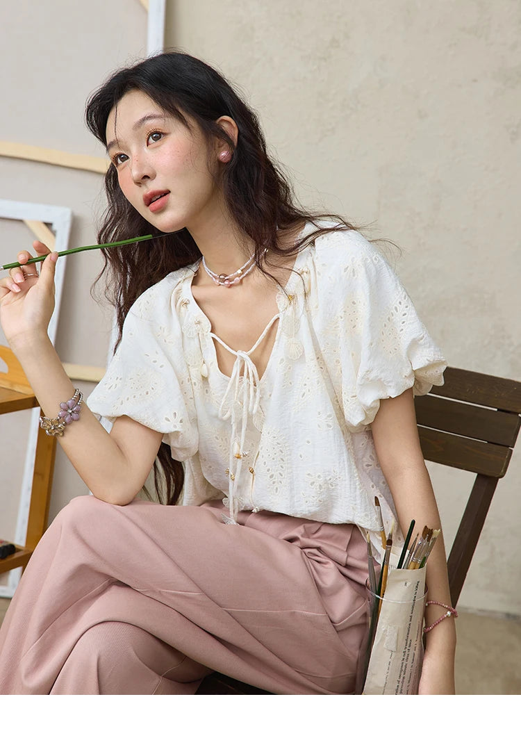 MISHOW Embroidery Jacquard Shirt V-Neck Lace Up Puff Sleeve MXE35X1790