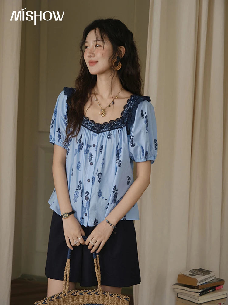 MISHOW Print Cotton Shirt Puff Sleeve Lace Splicing MXE35X1842