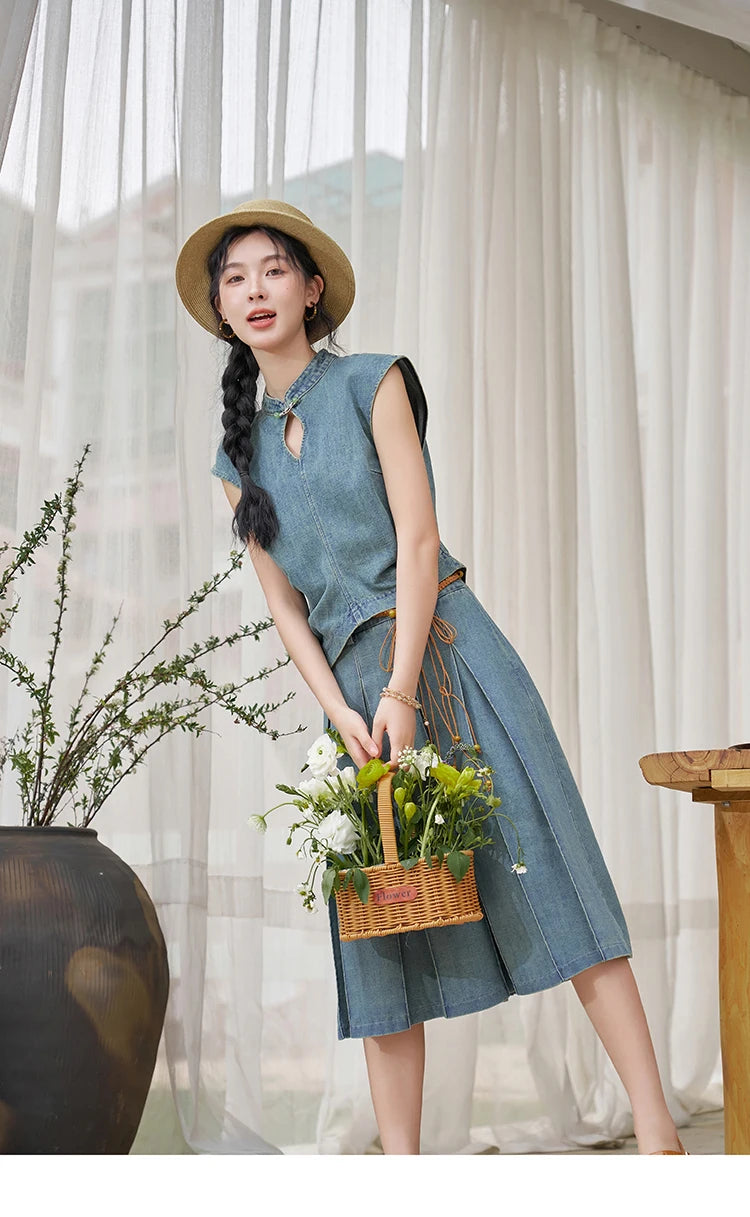 Mishow Chinese Stand Collar Vest & Pleated Denim Skirt Set MXD21X1465