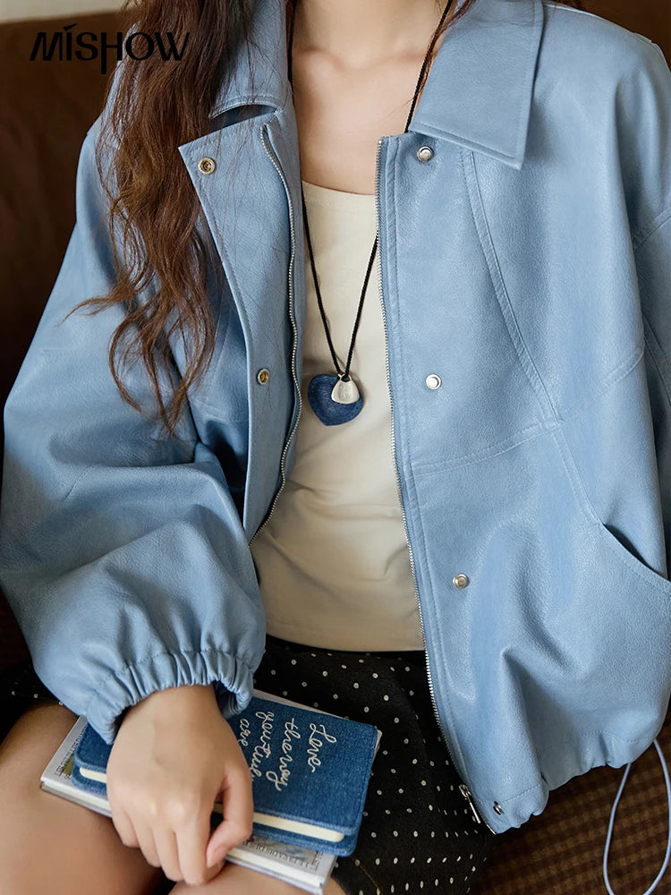 MISHOW Blue Short Jacket Hip-Hop Style Loose Zipper Pu Leather MXE45W0822