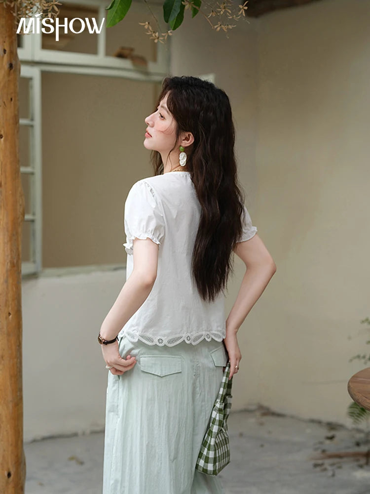 MISHOW 100% Cotton Hollow Embroidery Round Neck Puff Sleeve MXE39X1938