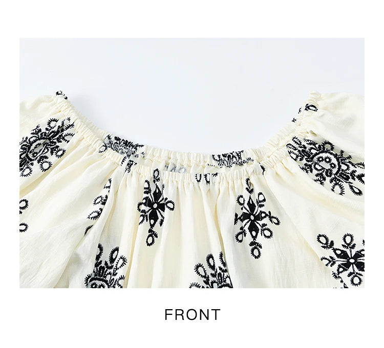 MISHOW Bohemian Print Blouse Short Puff Sleeve Square Collar Shell Ribbon MXE35X1817
