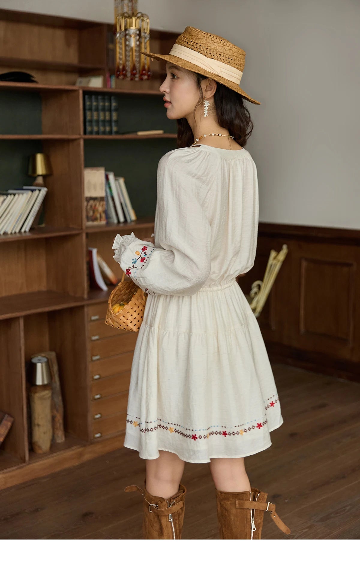 Mishow V-Neck Embroidered Drawstring Bohemian Dress MXE44L2489