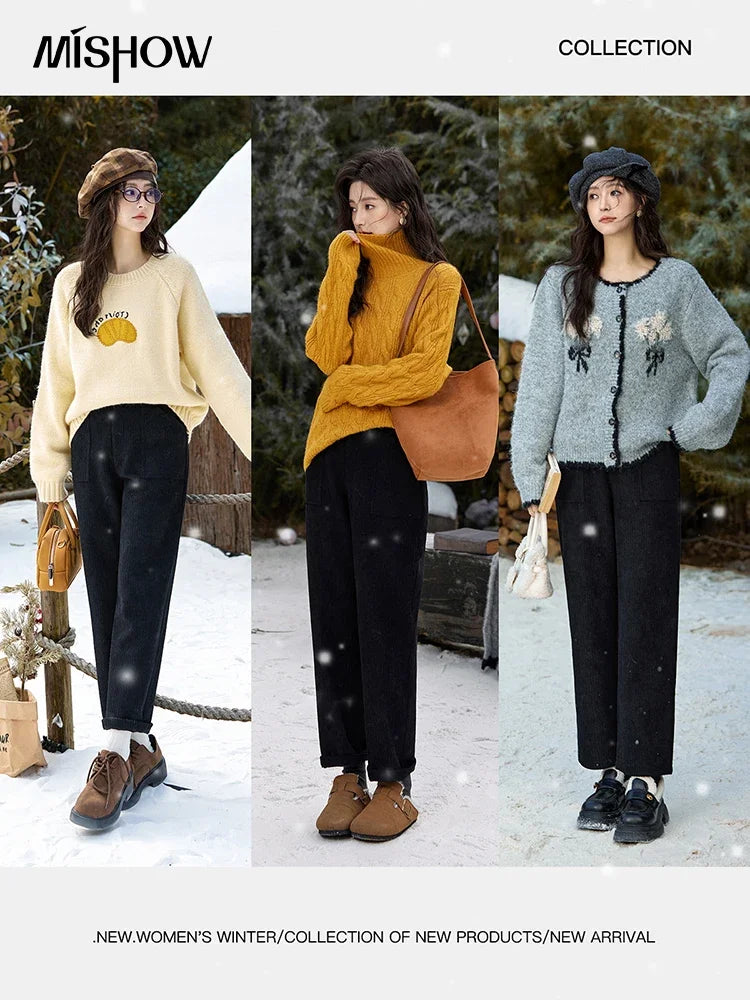 MISHOW Corduroy Pants High Waist Straight Pocket Velvet Inside MXD55K0813