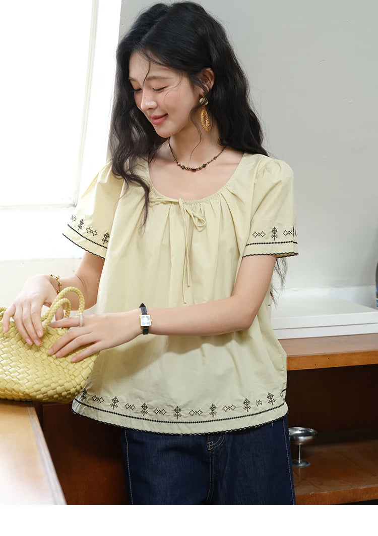 MISHOW Cotton Blouse Round Neck Lace Up Puff Sleeve MXE39X1966