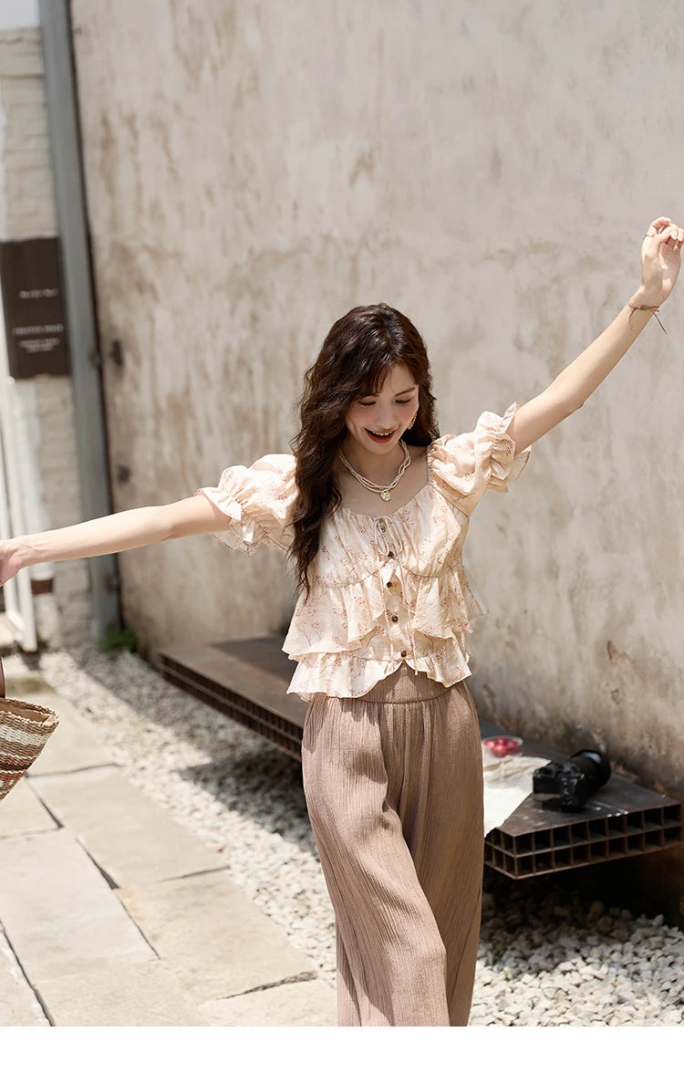 MISHOW Floral Print Square Neck Shirt Bubble Sleeve Patchwork MXD30X1565