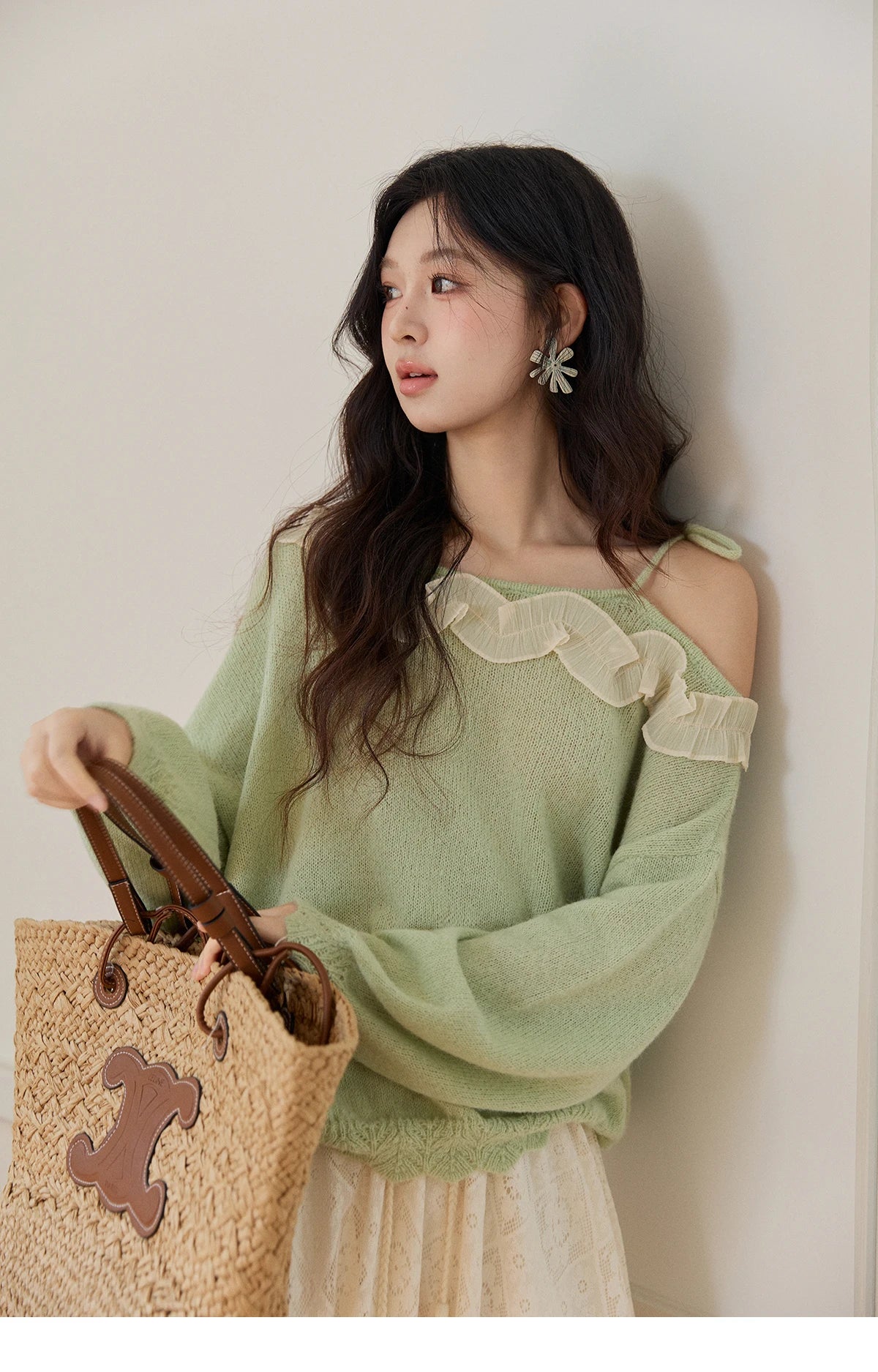 Mishow Light Green Asymmetrical Exposed Shoulder Top MXF108Z1027