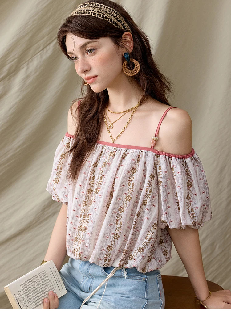 MISHOW One-Shoulder Floral Blouse Short Sleeve Contrast MXE31X1767