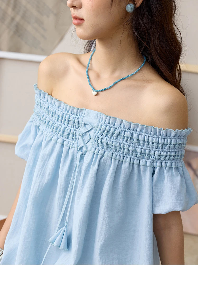 MISHOW Mist Blue One Shoulder Blouse Elastic Pleated Puff Sleeve MXE34X1796