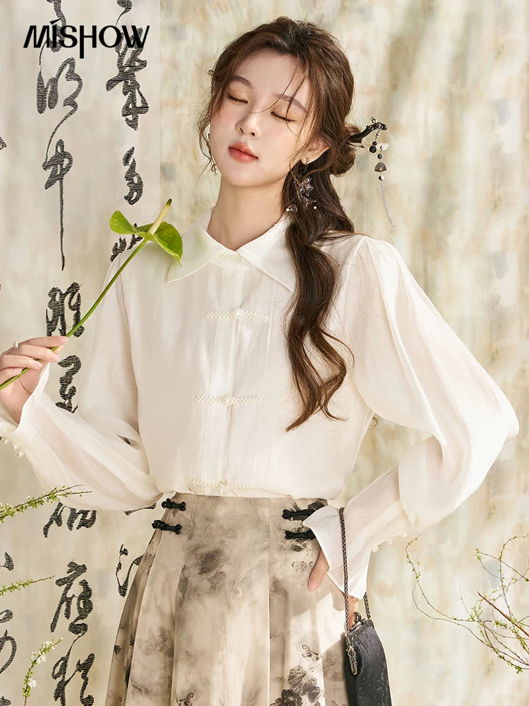 MISHOW Chinese Lapel Shirt Pearl Embellishments Petal Sleeve MXD11X1344