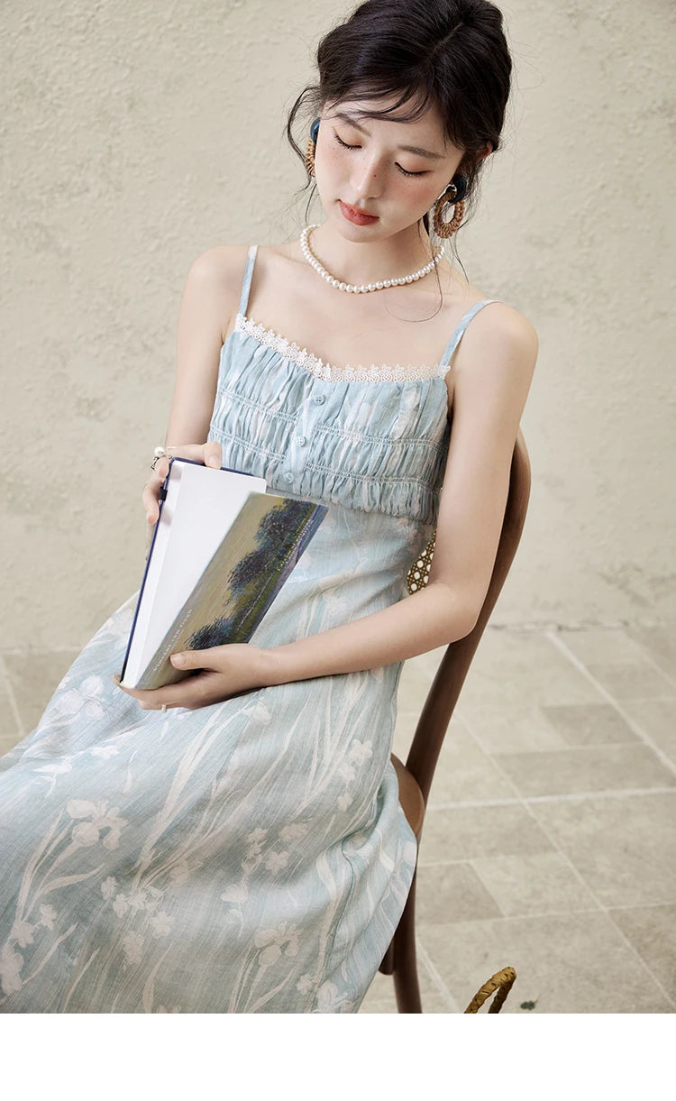 Mishow Print Square Collar Sleeveless Suspender Dress MXE16L2127