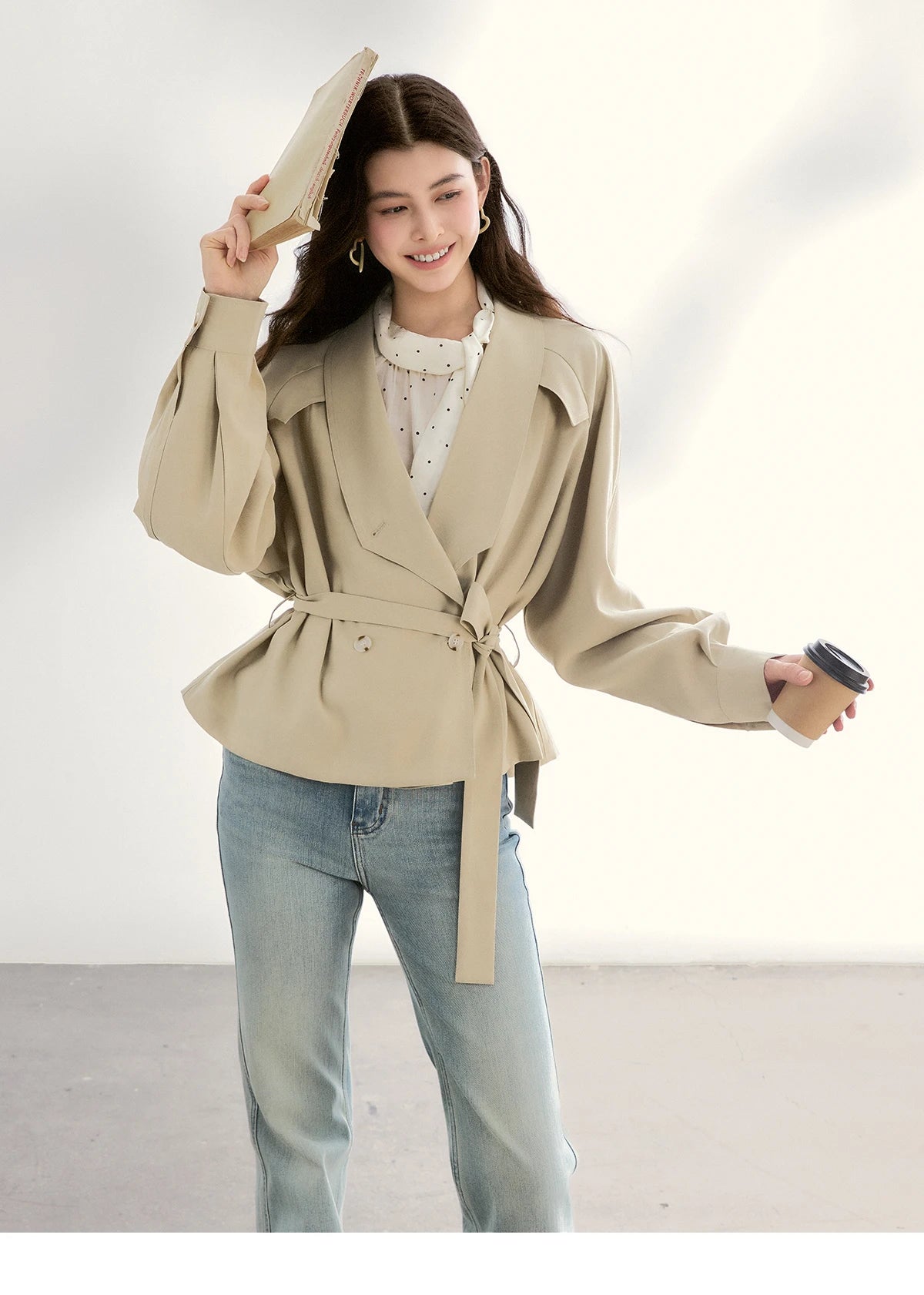 MISHOW Khaki Belted Waist Coat Lapel Double-Breasted Short MXF13W1056