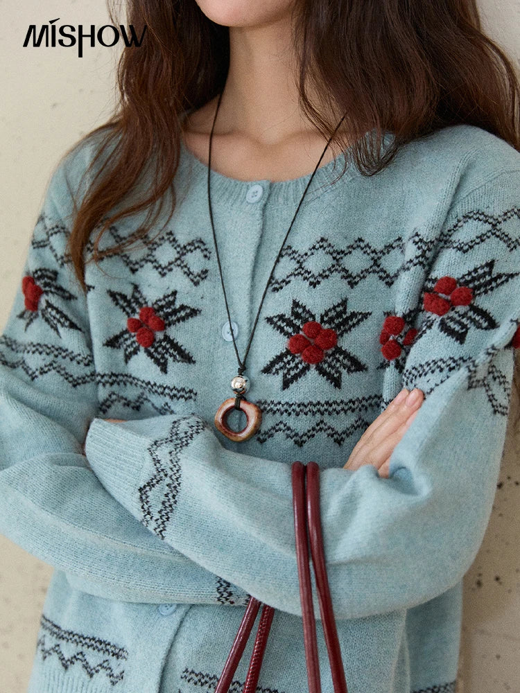 Mishow Blue Geometric Fair Isle Cardigan MXE86Z2734
