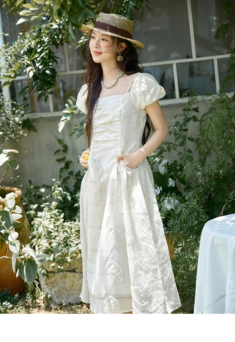 Mishow Paisley Embroidery Square Neck Puff Sleeve Dress MXE34L2265